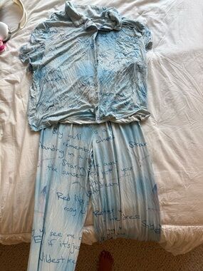 Light Blue Script Print Two-Piece Loungewear Set